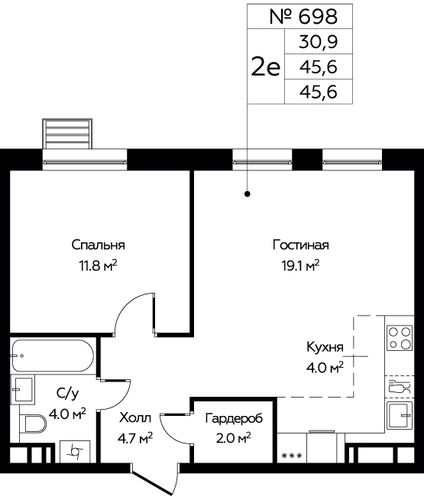 2-комнатная квартира, 45,6 м2, №786078, 