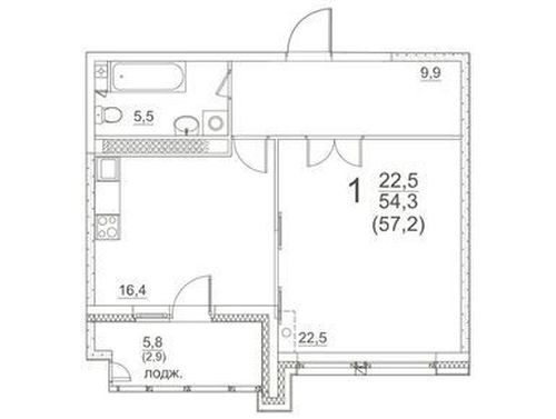 1-комнатная квартира, 57,2 м2, №397179, Москва