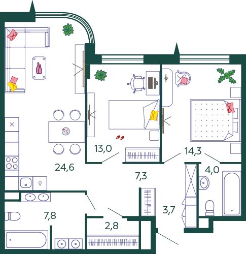 2-комнатная квартира, 77,5 м2, №780871, 