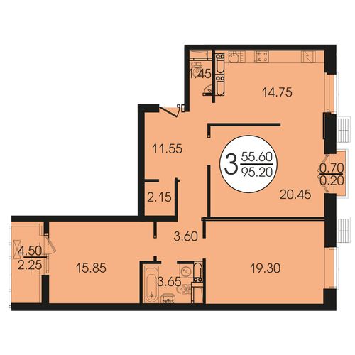3-комнатная квартира, 95,6 м2, №102426, 