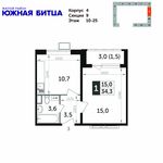 Планировка 1-комнатной квартиры, 34,5 м2