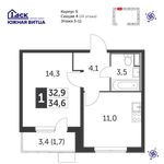 Планировка 1-комнатной квартиры, 34,7 м2