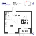 Планировка 1-комнатной квартиры, 34,8 м2