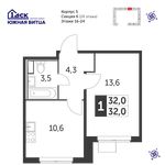 Планировка 1-комнатной квартиры, 32 м2