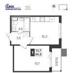Планировка 1-комнатной квартиры, 34,7 м2