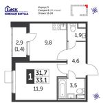 Планировка 1-комнатной квартиры, 33,2 м2