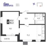 Планировка 2-комнатной квартиры, 45,1 м2