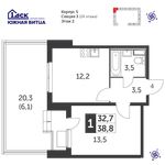 Планировка 1-комнатной квартиры, 38,8 м2