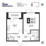 Планировка 1-комнатной квартиры, 36,2 м2