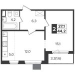 Планировка 2-комнатной квартиры, 43,9 м2