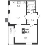Планировка 2-комнатной квартиры, 46,5 м2