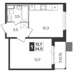 Планировка 1-комнатной квартиры, 34,5 м2