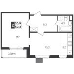 Планировка 2-комнатной квартиры, 49,9 м2