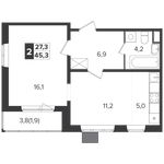 Планировка 2-комнатной квартиры, 45 м2