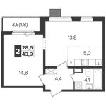 Планировка 2-комнатной квартиры, 43,9 м2