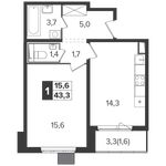 Планировка 1-комнатной квартиры, 43,3 м2
