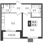 Планировка 1-комнатной квартиры, 37,4 м2