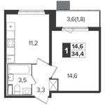 Планировка 1-комнатной квартиры, 34,4 м2