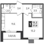 Планировка 1-комнатной квартиры, 37,9 м2