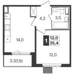 Планировка 1-комнатной квартиры, 35,4 м2