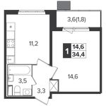 Планировка 1-комнатной квартиры, 34,4 м2