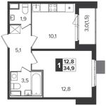 Планировка 1-комнатной квартиры, 34,9 м2