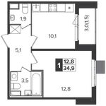 Планировка 1-комнатной квартиры, 34,9 м2
