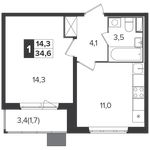Планировка 1-комнатной квартиры, 34,6 м2