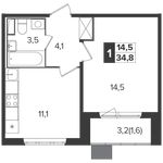 Планировка 1-комнатной квартиры, 34,8 м2