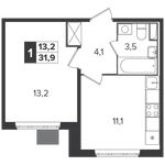 Планировка 1-комнатной квартиры, 31,7 м2