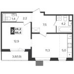 Планировка 2-комнатной квартиры, 46,4 м2