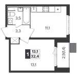 Планировка 1-комнатной квартиры, 32,4 м2