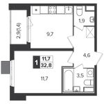 Планировка 1-комнатной квартиры, 32,9 м2