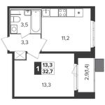 Планировка 1-комнатной квартиры, 32,5 м2