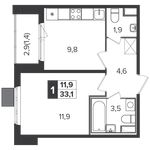 Планировка 1-комнатной квартиры, 33,2 м2