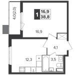 Планировка 1-комнатной квартиры, 38,8 м2