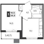 Планировка 1-комнатной квартиры, 34,9 м2