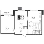 Планировка 2-комнатной квартиры, 53,2 м2