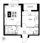 Планировка 1-комнатной квартиры, 37,5 м2