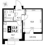 Планировка 1-комнатной квартиры, 34,2 м2