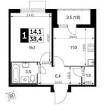 Планировка 1-комнатной квартиры, 38,4 м2