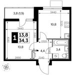 Планировка 1-комнатной квартиры, 34,3 м2