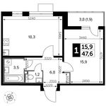 Планировка 1-комнатной квартиры, 47,6 м2
