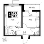 Планировка 1-комнатной квартиры, 38 м2