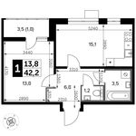 Планировка 1-комнатной квартиры, 42,2 м2