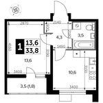 Планировка 1-комнатной квартиры, 33,8 м2