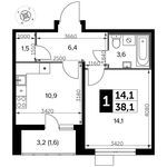 Планировка 1-комнатной квартиры, 38,1 м2