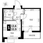 Планировка 1-комнатной квартиры, 33,9 м2