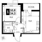 Планировка 1-комнатной квартиры, 34,3 м2
