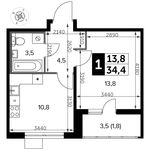 Планировка 1-комнатной квартиры, 34,4 м2